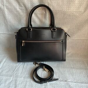 Lo & Sons Trinity Small Laptop Tote in Black Leather/Gold/Camel